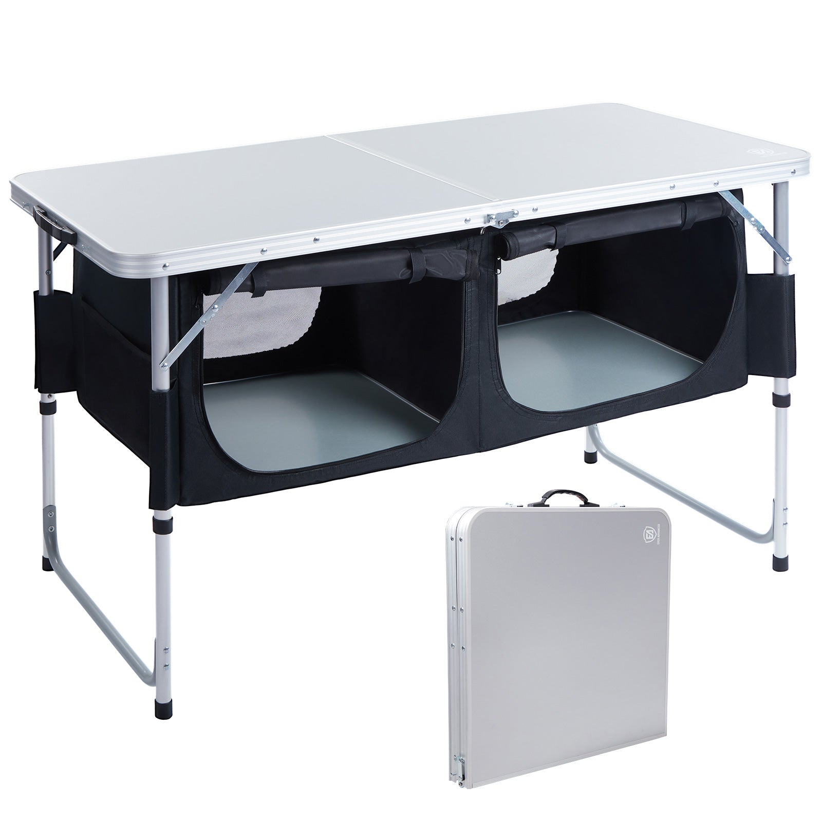 ever advanced campingtisch EVER ADVANCED Folding Camping Table with Storage, 4 ft * 2 ft Aluminum Composite Desktop & Adjustable Legs, Outdoor Kitchen Tabl