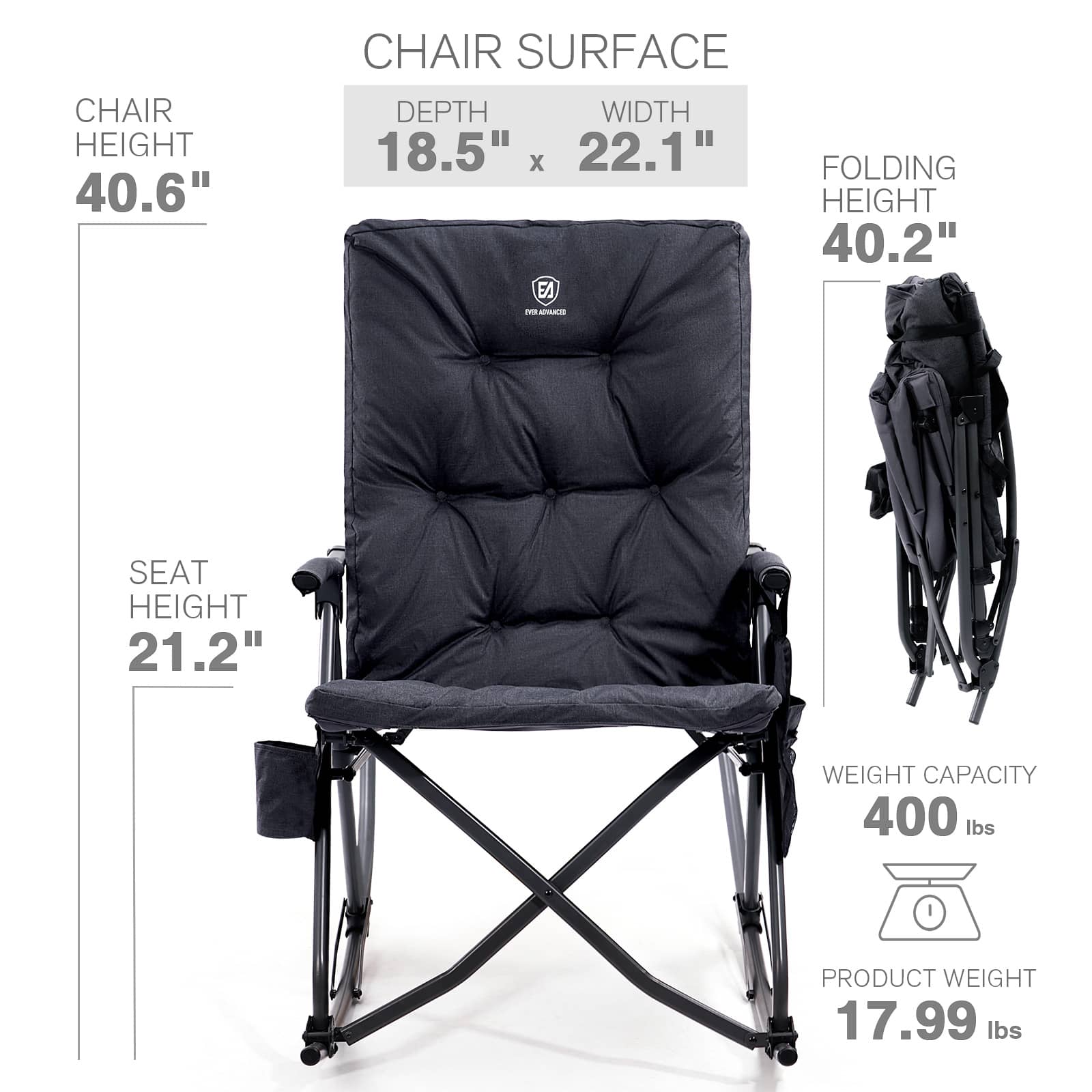EVER ADVANCED - Collapsible Patio Rocking Camping Chair - Black