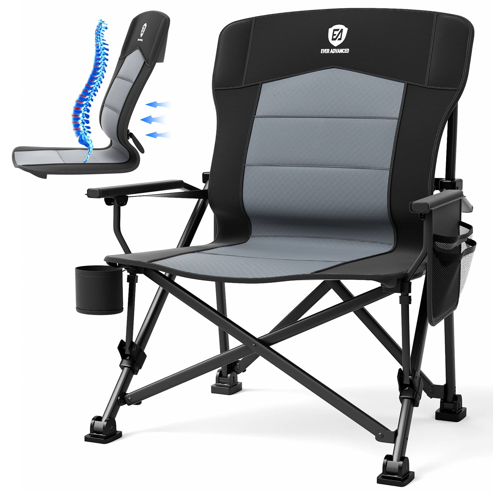 EVER ADVANCED - Oversized Lumbar Support Folding Camping Chair - Black