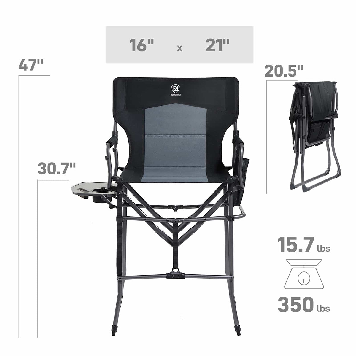 EVER ADVANCED - Portable Tall Folding Camping Chair - Black